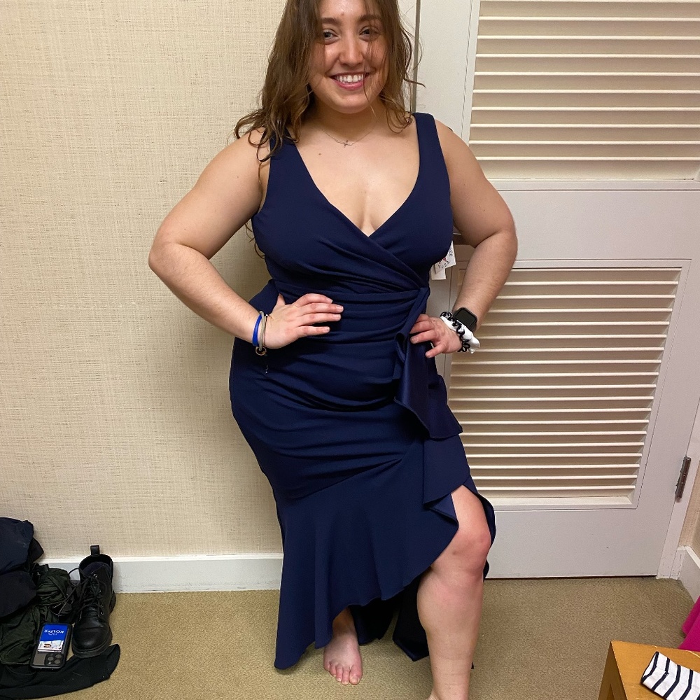 Bloomingdale Navy Blue v neck cut long dress (great for balls and prom!!)
